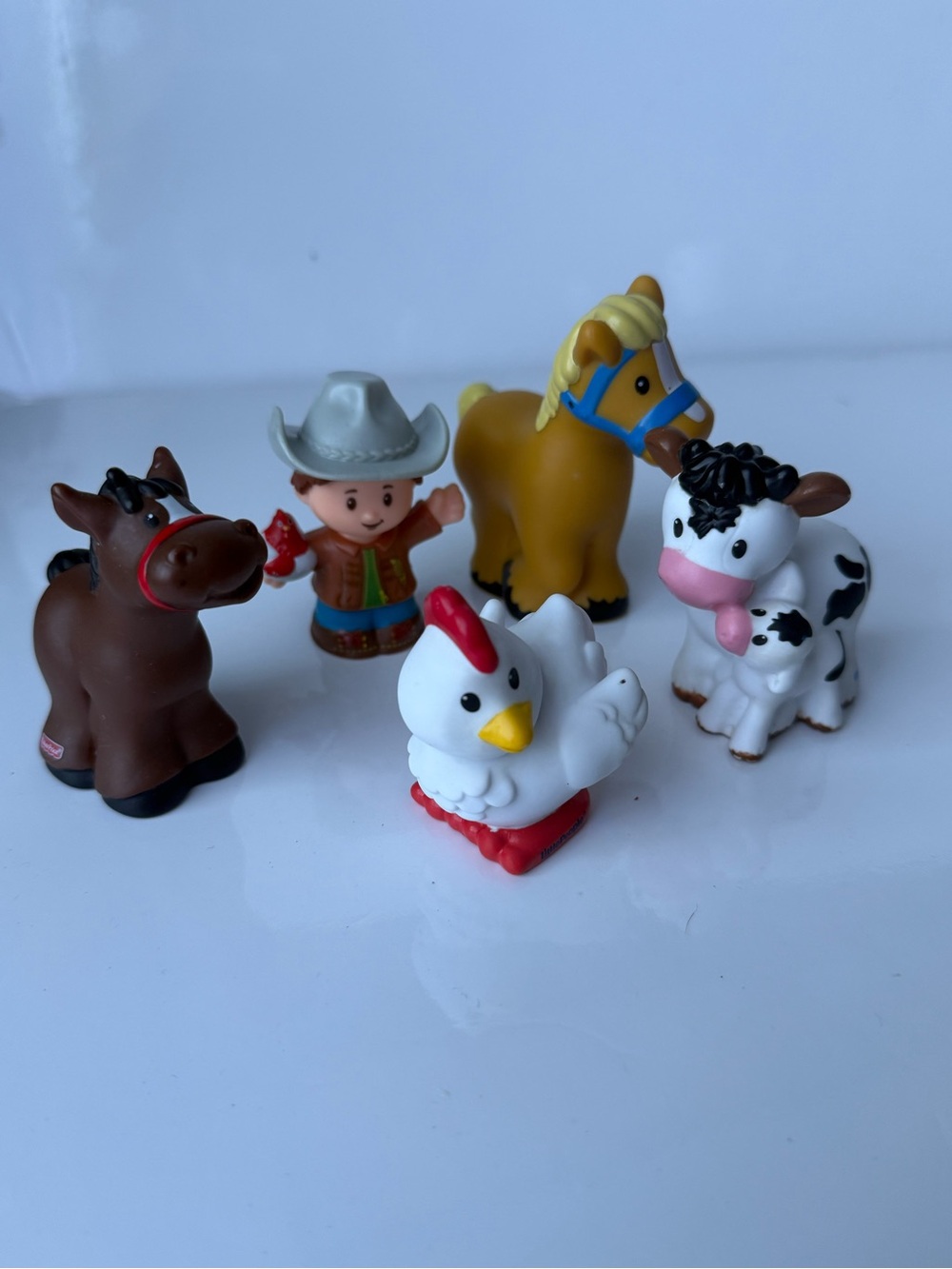 Fisher Price Little People Lot Of 5, Farmer Horses, Cows, Rooster